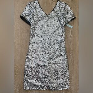 NWT She + Sky  Gold Metallic silver shimmer sequin cocktail, formal dress;size S